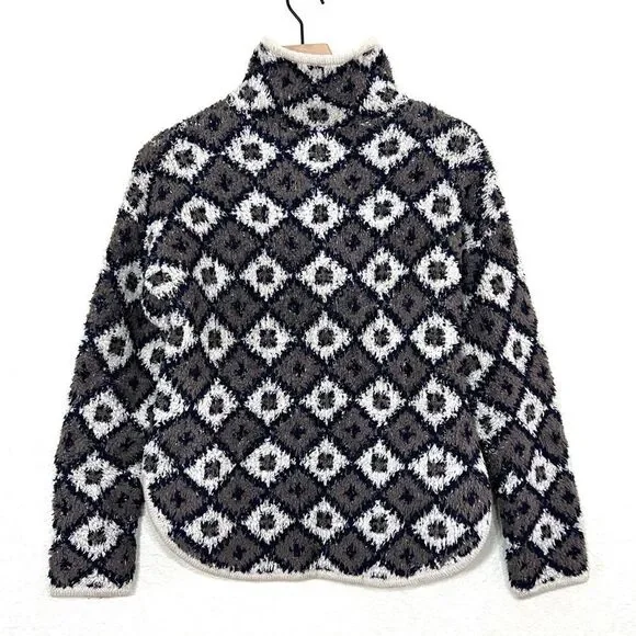 Madewell Popover Sweater Fuzzy Teddy Bear Style Fleece 1/4 Zip Diamond Print M - Picture 3 of 15